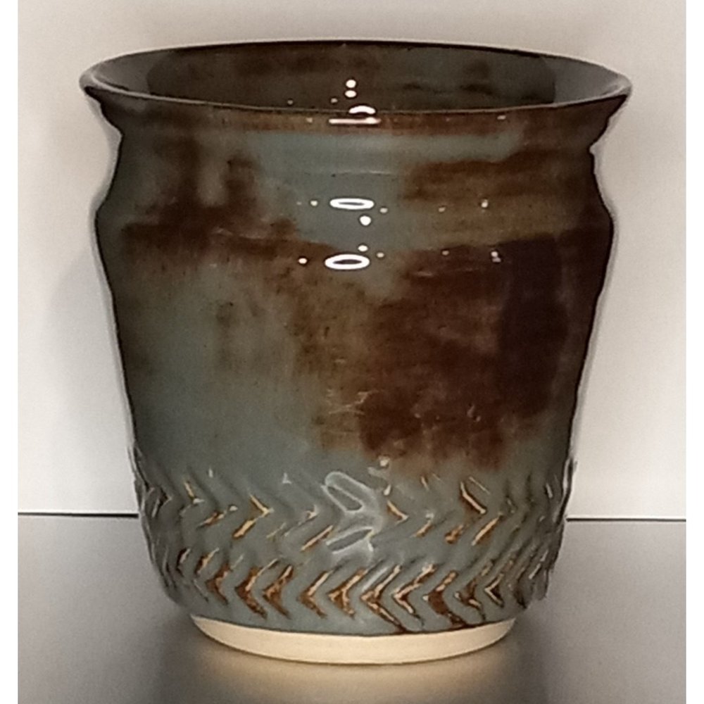 Artist Signed Studio Pottery Arrow Design‎ Vase Pot Planter Vessel Glazed Boho